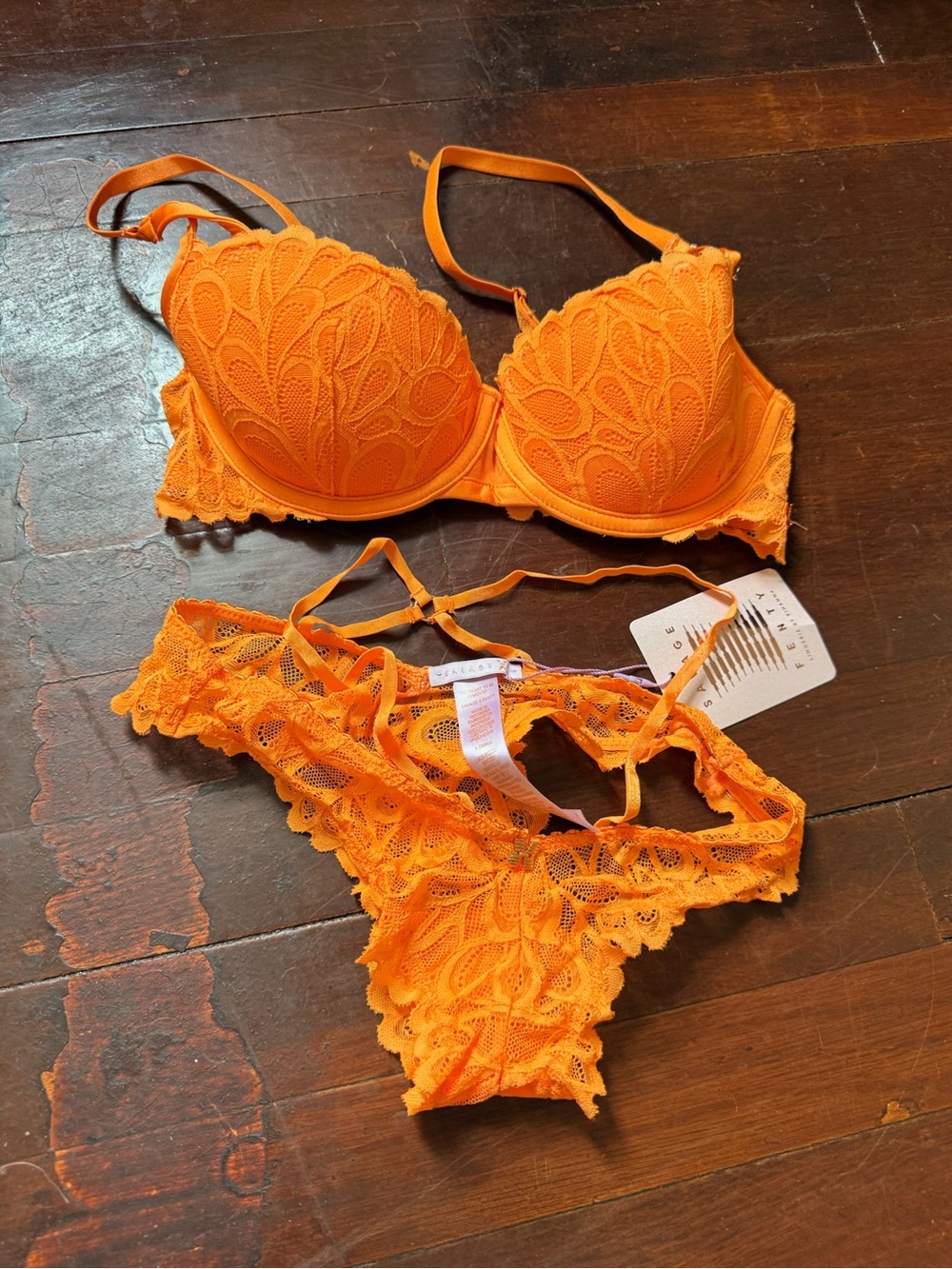 Savage X Fenty Bright Orange Lace Push-Up Bra & Lace Thong Set